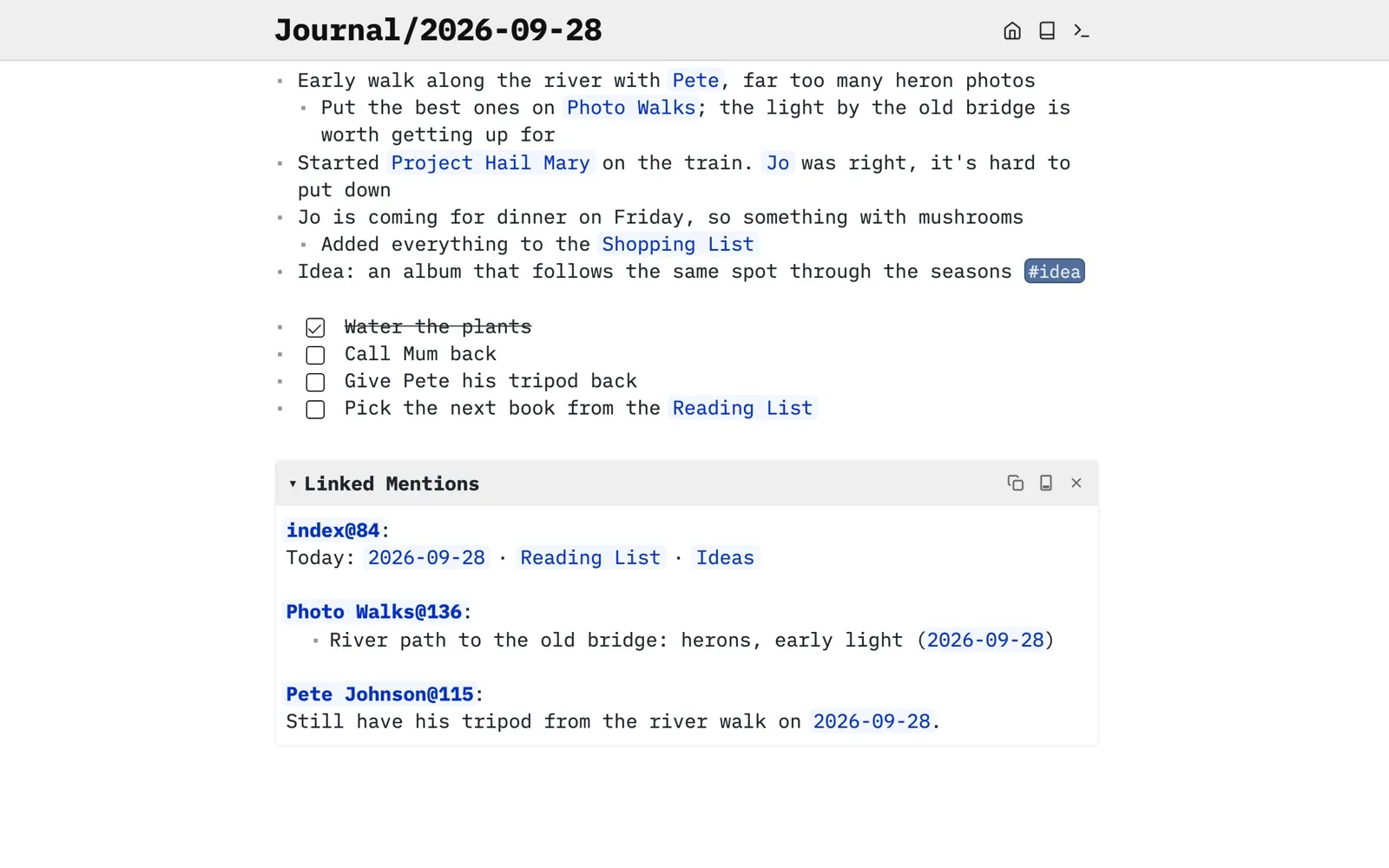 A journal page linking to Pete, Jo, a book, Photo Walks and the Shopping List, with a Linked Mentions panel below listing the pages that link back to that day